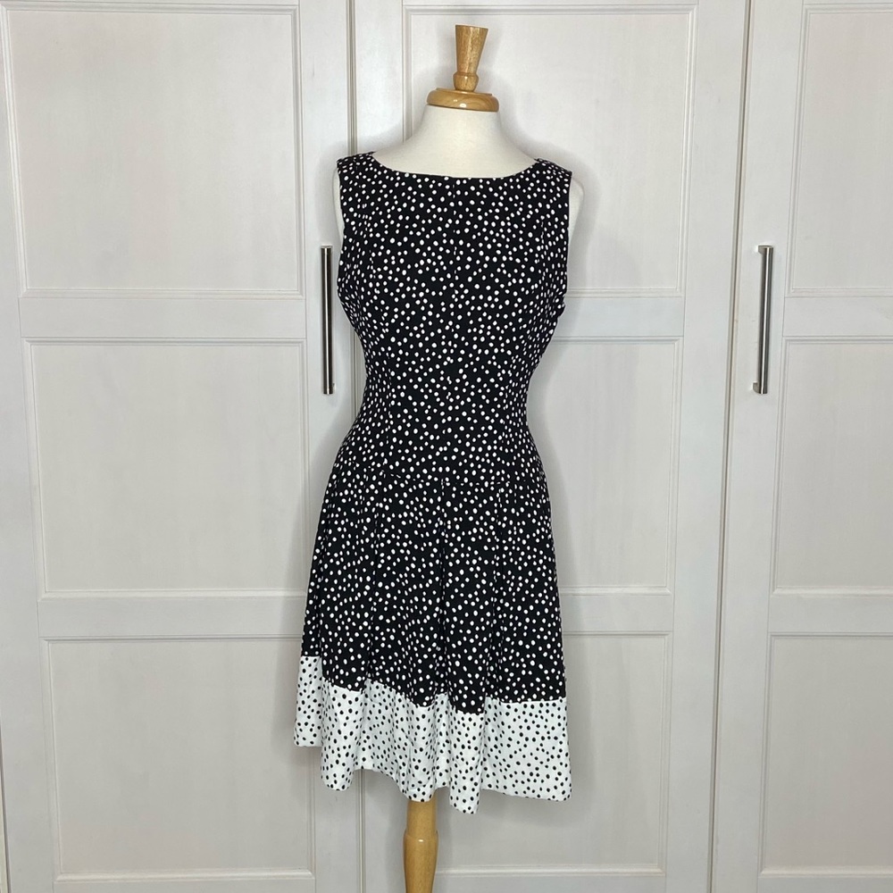 Lauren Ralph Lauren Black and White Polka Dot Midi Dress with Contrast Hem
